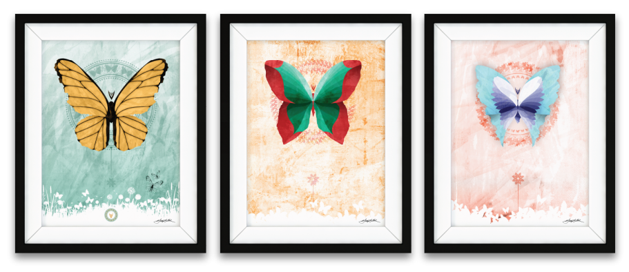 Three framed butterfly illustrations with colorful designs on textured backgrounds.
