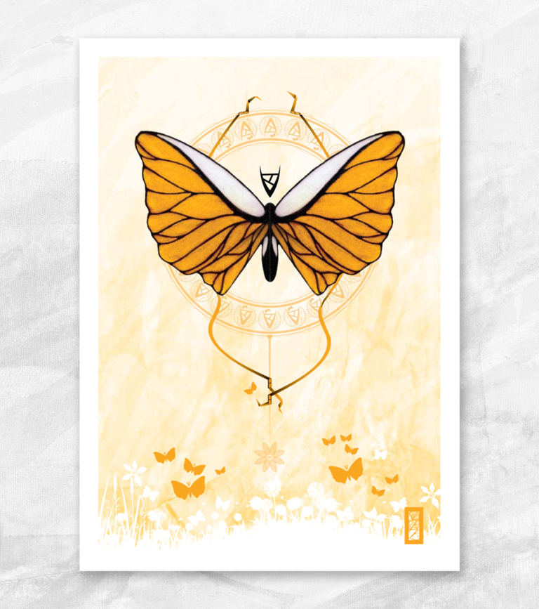 Pink butterfly artwork with intricate black outlines and floral details on a soft pink background.
